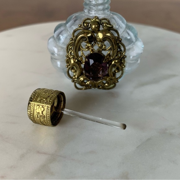 Miniature Glass Perfume Bottle Vintage Ornate Brass Purple Rhinestone Twist Cap - Picture 9 of 13